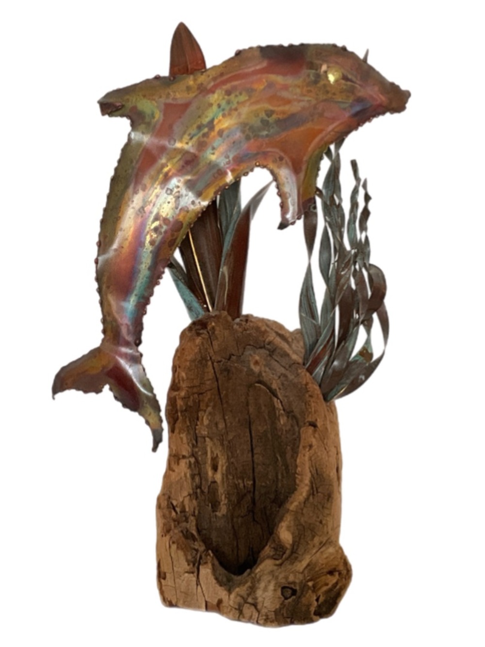 Dolphin Sculpture - Torch-Cut Copper on Driftwood